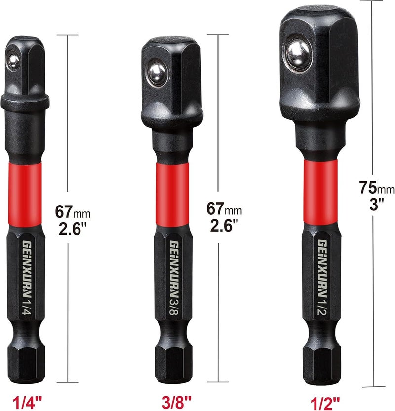 GEINXURN 3Pcs Impact Socket Adapter Set,1/4" 3/8" and 1/2" Drive, 3Inches Extension Bit with Holder, Adapt Your Power Drill to High Torque Impact Wrench - Image 2